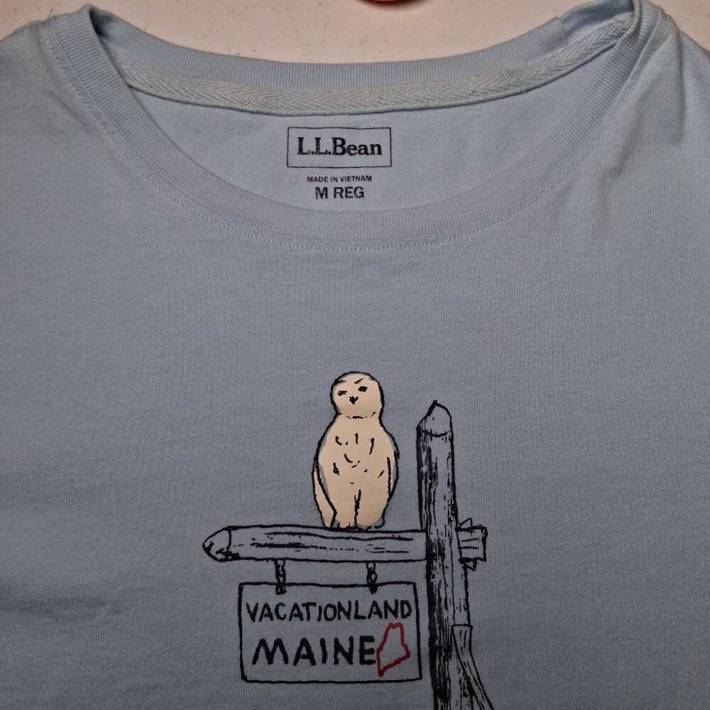 LL Bean Shirt Women Medium Blue Long Slv Vacationland Maine Owl Camping Camp - Picture 10 of 12